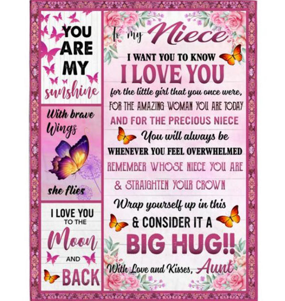 Personalized Customize To My Niece I Love You Wrap Yourself Up Consider It Big Hug Butterfly Roses Gift From Aunt Uncle Fleece Blanket