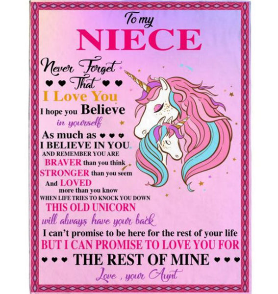 Personalized Customize To My Niece Never Forget That I Love Believe In You Braver Stronger Gift From Aunt Unicorn Fleece Blanket