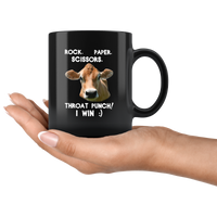 Cow rock paper scissors throat punch I win gift black coffee mug