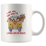 A girl and her sheltie living life in peace sunflower hippie car white coffee mug