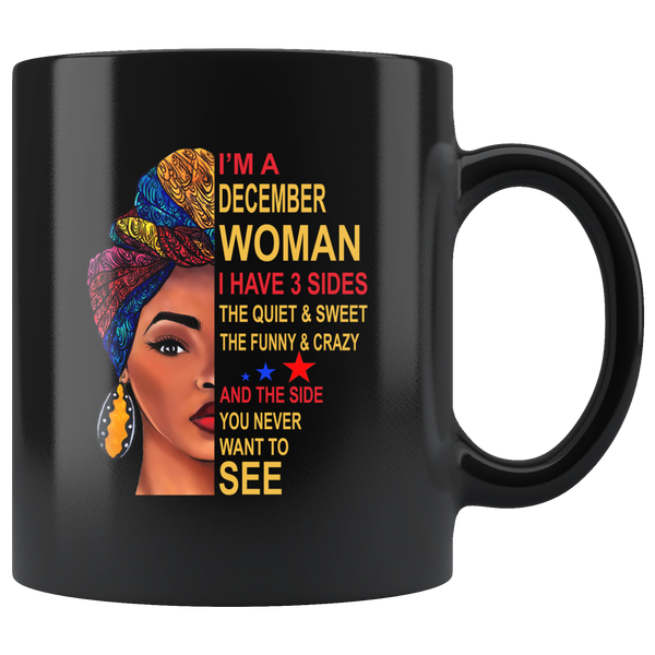 December woman three sides quiet, sweet, funny, crazy, birthday black gift coffee mug