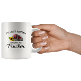 I'm just a woman who loves her trucker sunflower white coffee mug