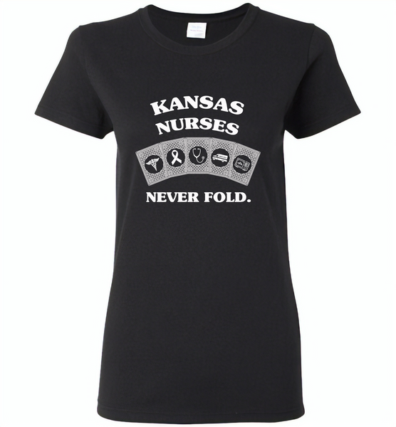 Kansas Nurses Never Fold Play Cards - Gildan Ladies Short Sleeve