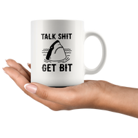 Talk shit get bit shark white coffee mug