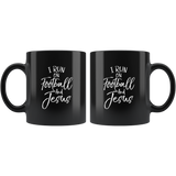 I run on football and jesus black coffee mug