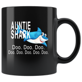 Auntie shark doo doo doo, funny black gift coffee mugs for aunt