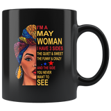 May woman three sides quiet, sweet, funny, crazy, birthday black gift coffee mug