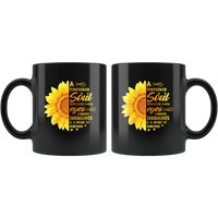 A sunflower soul with rock n roll eyes curious thoughts, heart of surprise black coffee mug