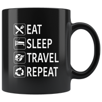Eat sleep travel repeat black coffee mug