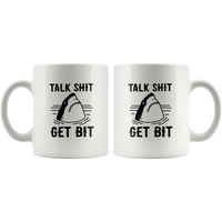 Talk shit get bit shark white coffee mug