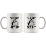 Talk shit get bit shark white coffee mug