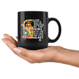 Hippie live with a spirit for adventure be the girl with messy hair open heart black coffee mug