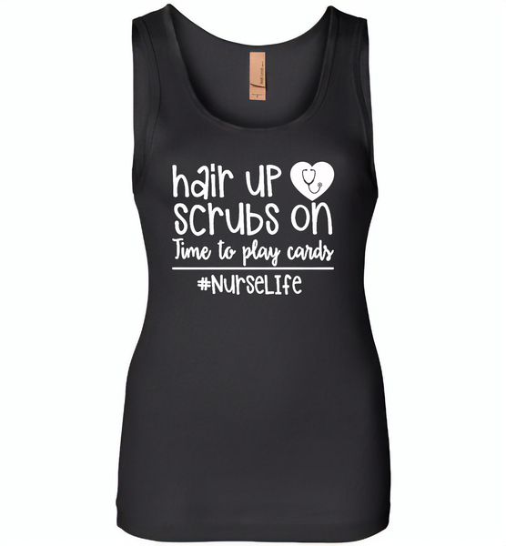 Hair Up Scrubs On Time To Play Cards Nurse Life Tees - Womens Jersey Tank
