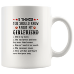 5 things you should know my girlfriend Queen, Tattoos, loves dogs funny white gift coffee mugs