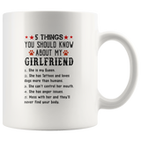 5 things you should know my girlfriend Queen, Tattoos, loves dogs funny white gift coffee mugs