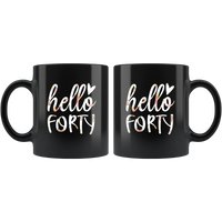 hello forty 40 year old birthday floral design black coffee mug