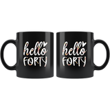 hello forty 40 year old birthday floral design black coffee mug