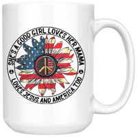 She's A Good Girl Loves Her Mama Loves Jesus and America Too Hippie American Flag White Coffee Mug