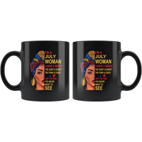 July woman three sides quiet, sweet, funny, crazy, birthday black gift coffee mug