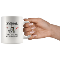 Fuckwads twatwaffles and cuntcakes are not tolerated here unicorn wine white coffee mug