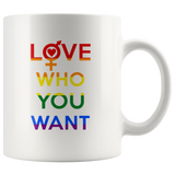Love who you want lgbt gay pride white coffee mug