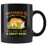 Happiness is curling up in bed with a fluffy cat and a great book lover black coffee mug
