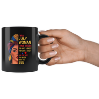 July woman three sides quiet, sweet, funny, crazy, birthday black gift coffee mug