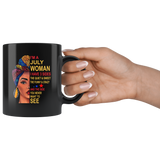 July woman three sides quiet, sweet, funny, crazy, birthday black gift coffee mug