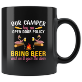 Flamingo camping our camper has an open door policy bring beer and we'll open the door black coffee mug