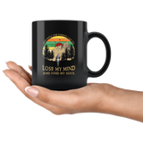 Hiking camping and into the forest i go to lose my mind and find my soul women vintage coffee mug