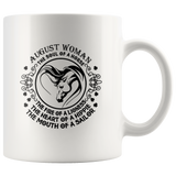 August Woman The Soul Of A Horse Fire Lioness Heart Hippie Mouth Sailor Lover White Coffee Mug