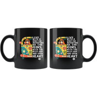 Hippie live with a spirit for adventure be the girl with messy hair open heart black coffee mug