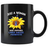 Just a woman who supports child abuse awareness sunflower cancer black coffee mug