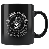 February Woman The Soul Of A Witch The Fire Lioness The Heart Hippie The Mouth Sailor black coffee mugs