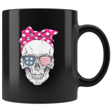 Lady Skull with American Flag and SunGlasses Black coffee mug