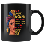 January woman three sides quiet, sweet, funny, crazy, birthday black gift coffee mug