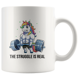 Unicorn Weightlifting Fitness Gym Deadlift Rainbow, The Struggle Is Real White Coffee Mug