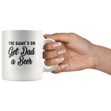 The game's on get dad a beer father's day gift white coffee mug