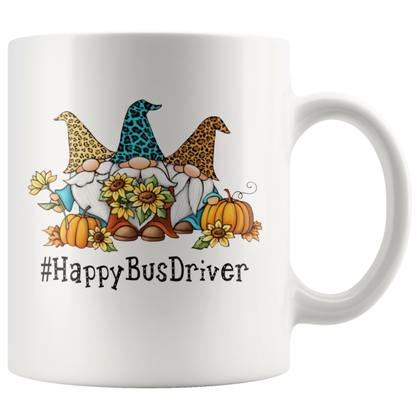 Happy Bus Driver Gnome Gnomies Autumn Pumpkin Sunflower Halloween Graphic Gift White Coffee Mug