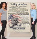 Personalized Custom Name To My Grandson US Military Army Marine Son Be Strong Brave Unbending Gift Ideas From Grandma Blanket