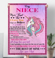 To My Niece Never Forget That I Love Believe In You Braver Stronger Gift From Aunt Unicorn Fleece Sherpa Mink Blanket