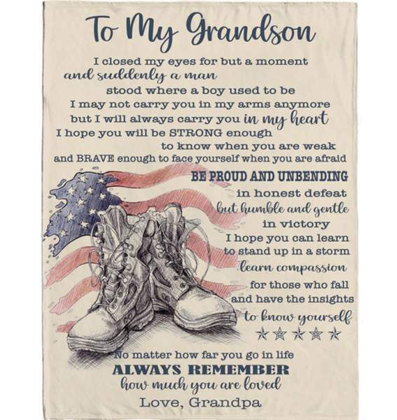 Personalized Custom Name To My Grandson US Military Army Marine Son Be Strong Brave Unbending Gift Ideas From Grandpa Blanket