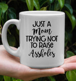 Just Mom Trying Not To Raise Assholes Mothers Day Gift White Coffee Mug