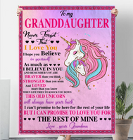 To My Granddaughter Never Forget That I Love Believe In You Braver Stronger Gift From Grandma Unicorn Fleece Sherpa Mink Blanket