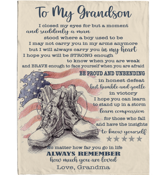 Personalized Custom Name To My Grandson US Military Army Marine Son Be Strong Brave Unbending Gift Ideas From Grandma Blanket