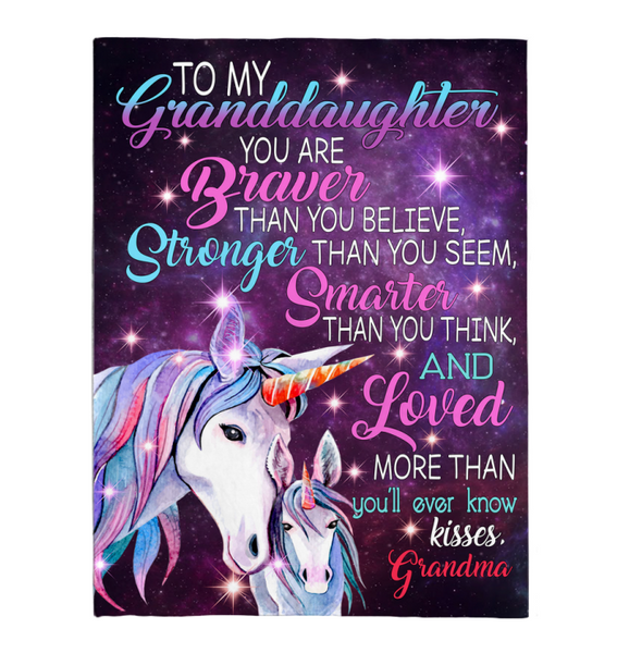 To My Granddaughter You Are Braver Stronger Smarter Than Think Seem Believe GIft From Grandma Unicorn Fleece Sherpa Mink Blanket