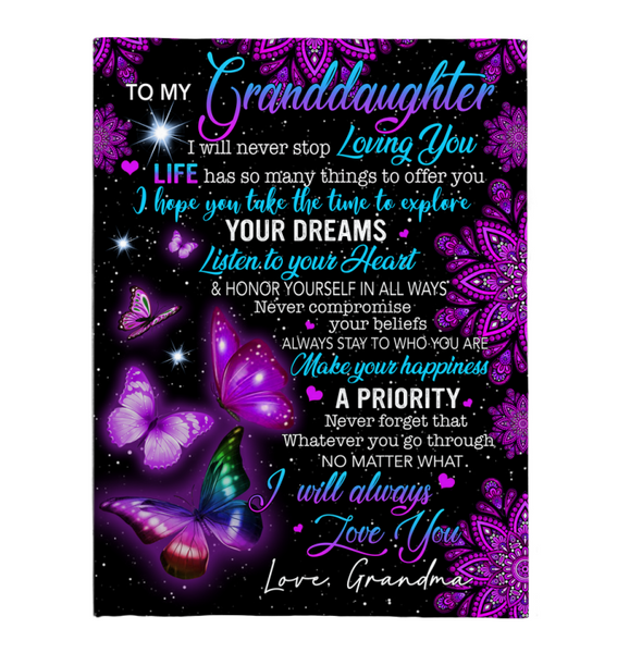 To My Granddaughter Explore Your Dreams Listen Heart Make Happiness I Love You Butterfly Mandala Gift From Grandma Fleece Sherpa Mink Blanket