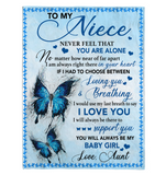 To My Niece Never Feel Alone I Love You Support Butterfly Gift From Aunt To Baby Girl Fleece Sherpa Mink Blanket