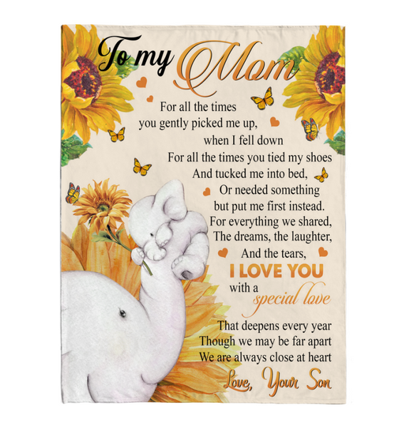 To My Mom Son Love You With Special Love Sunflower Elephant Mother's Day Gift Fleece Sherpa Mink Blanket