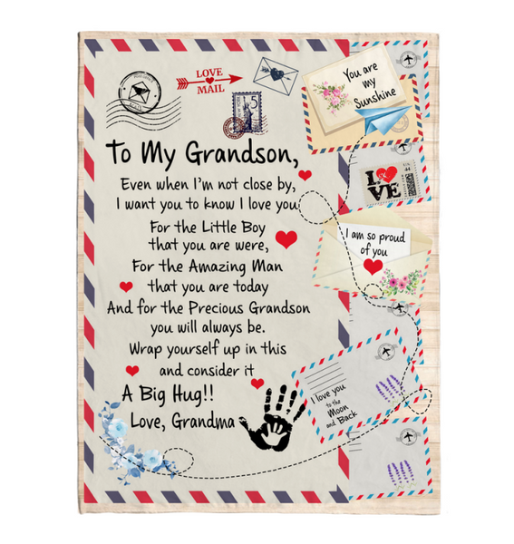 To My Grandson Grandma Love You Wrap Yourself Up A Big Hug Letter Envelope Fleece Sherpa Mink Blanket